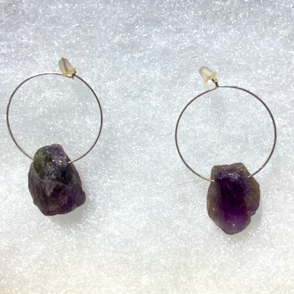 New Handcrafted Raw Amethyst Hoop Earrings Sterling Silver Boho Crystals Gems